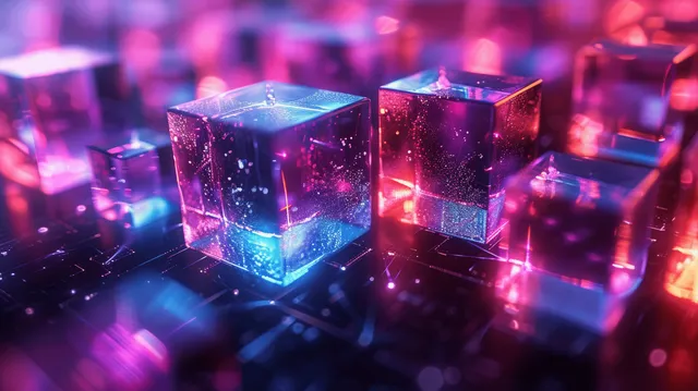 Futuristic glass cubes floating in dark space with blue and magenta light glow