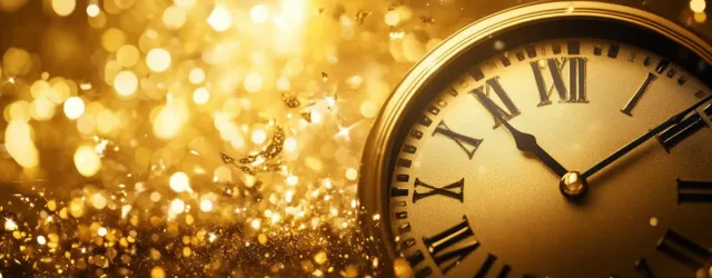 Golden clock face beside sparkling bokeh lights on a warm festive New Year background.
