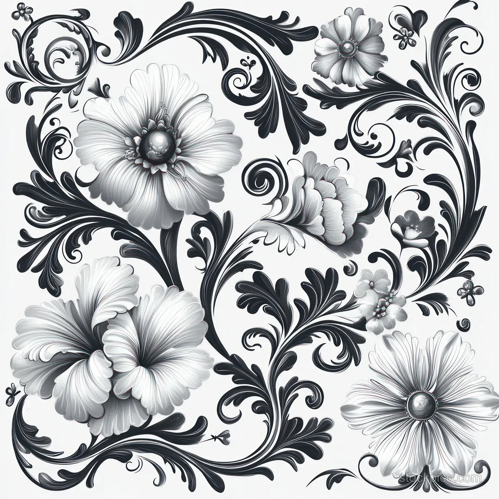 Monochrome floral ornament shows large blossoms and curving leaves with small accent flowers arranged in an ornate swirl pattern.