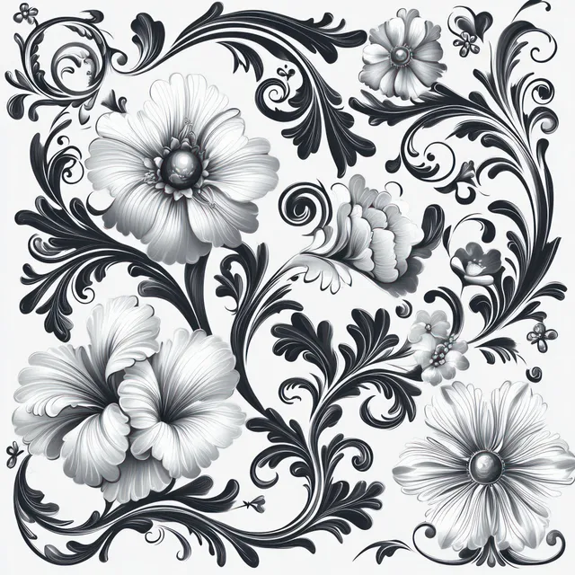 Monochrome floral ornament shows large blossoms and curving leaves with small accent flowers arranged in an ornate swirl pattern.