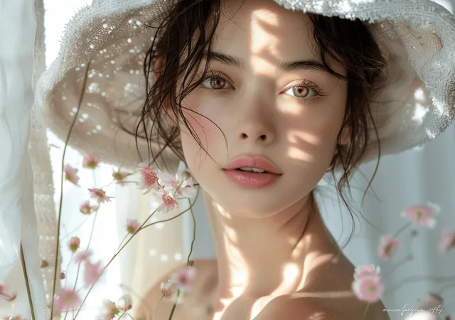 Asian woman in white towel relaxing by window with morning sunlight and cherry blossoms