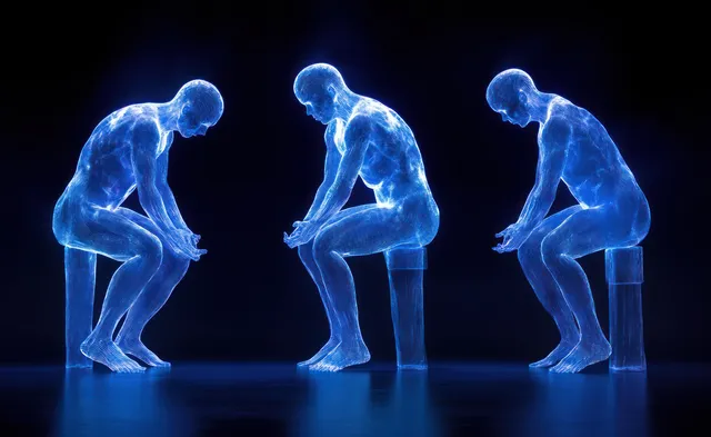 Three translucent blue figures sit on stools in contemplative poses, emitting a neon electric glow against a dark background.