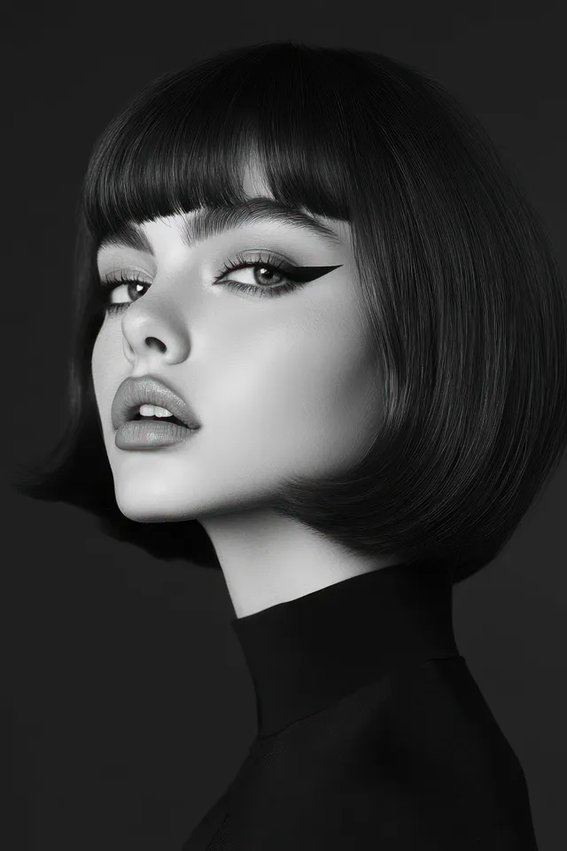 Black and white portrait of a woman with bob haircut and winged eyeliner turning over shoulder