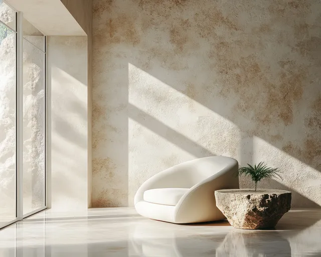 White sculptural chair and stone table sit in a sunlit minimalist room with diagonal window shadows on the wall.