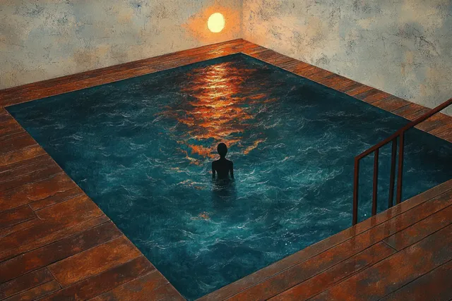 A silhouetted person stands in a deep blue pool as warm orange sunlight reflects on the water.