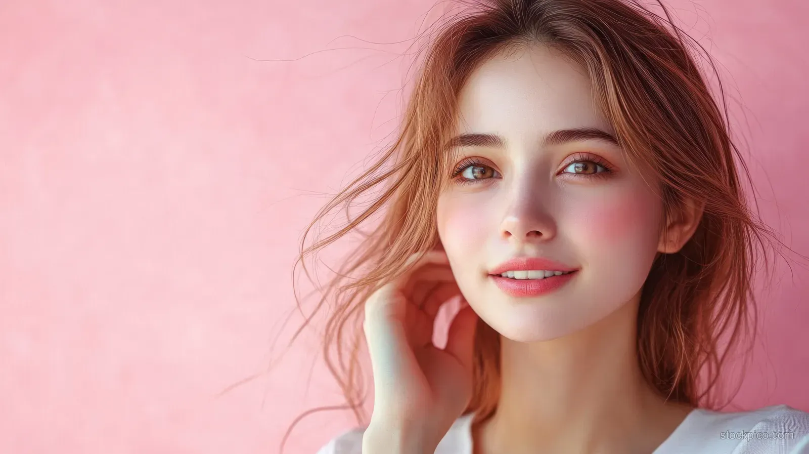 A smiling woman with loose hair touches her hair against a soft pink background.