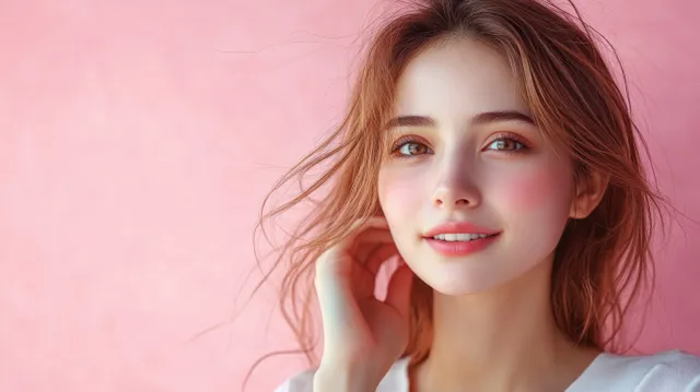 Smiling Woman Touching Her Hair Against a Soft Pink Background
