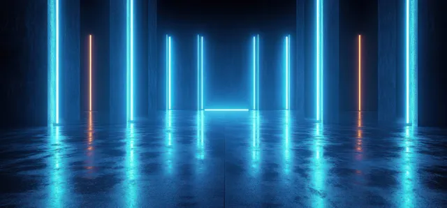 Blue neon geometric lines glow inside a dark room, reflecting on a smooth concrete floor.