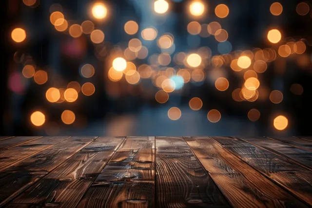 Empty wooden table in the foreground with warm blurred bokeh lights in a dark night interior background.
