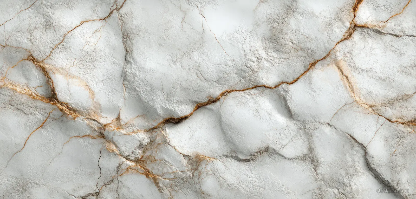 Close-up of white marble surface with brown-gold veins and cracked stone texture.