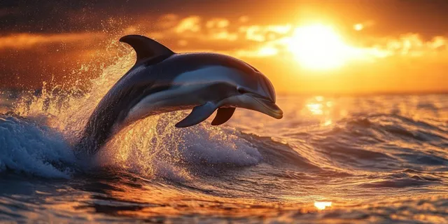 A dolphin leaps from ocean waves at sunset while sunlight reflects off the splashing water.