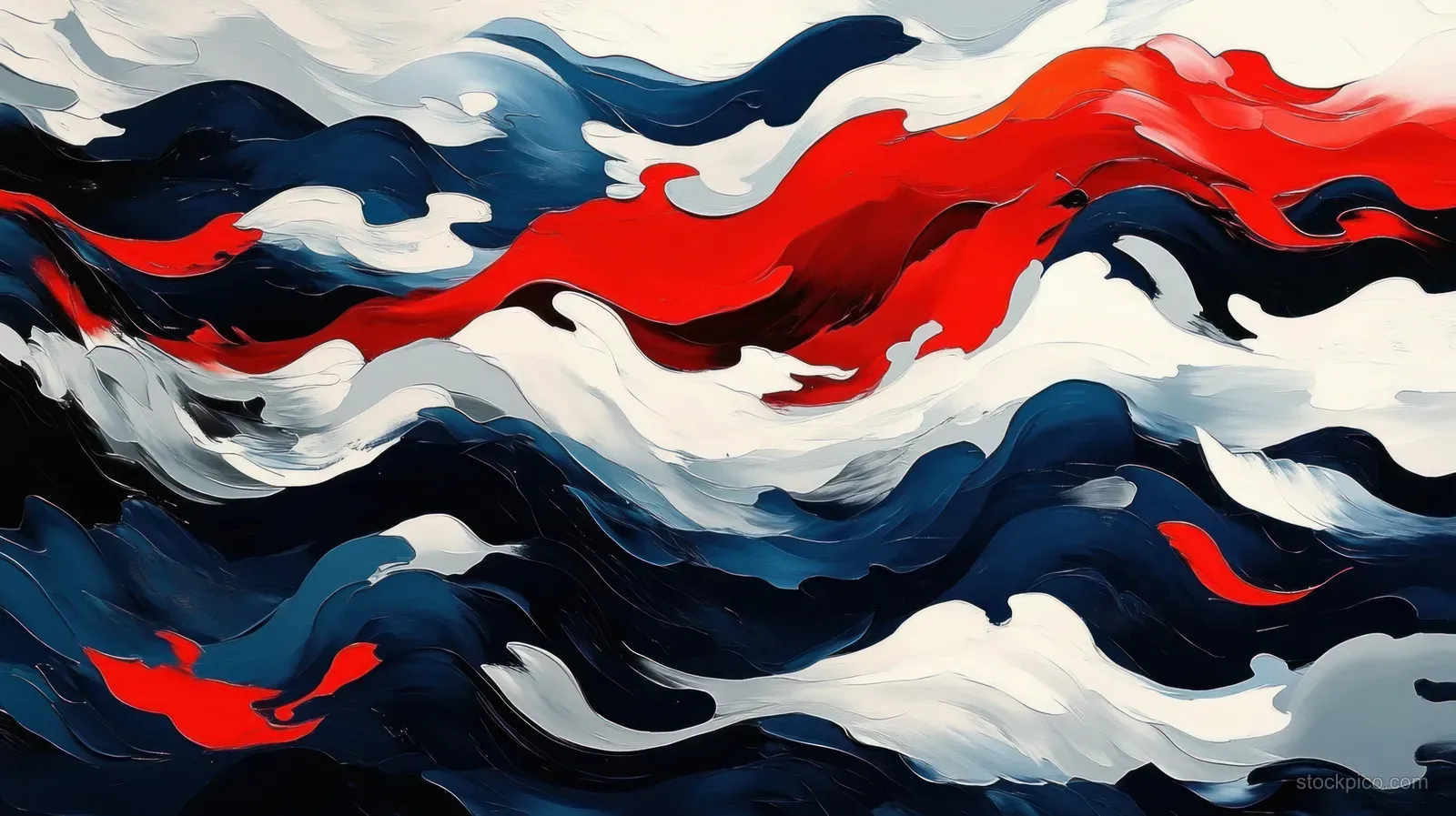 Abstract fluid wave swirls in red, navy, white, and blue with dynamic flowing motion lines across the canvas.