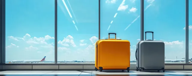 Colorful yellow and gray suitcases parked inside airport terminal near glass doors