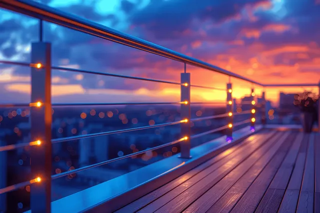 Warm string lights along a rooftop terrace railing at dusk with a glowing skyline beyond.