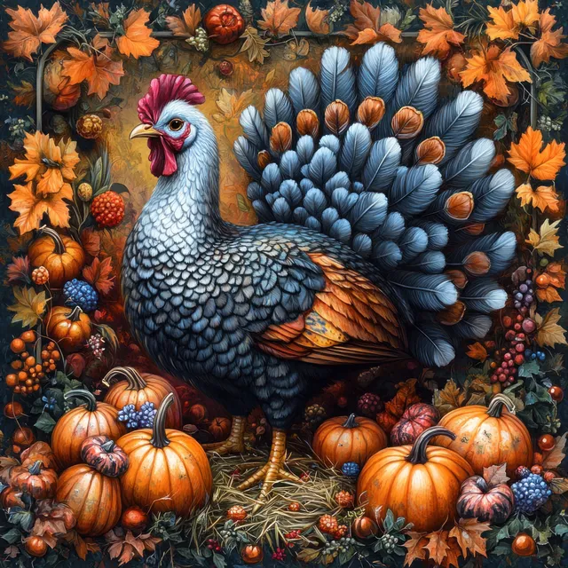 A Thanksgiving turkey is posed among pumpkins, squash, corn, and fallen autumn leaves on a hay bale.