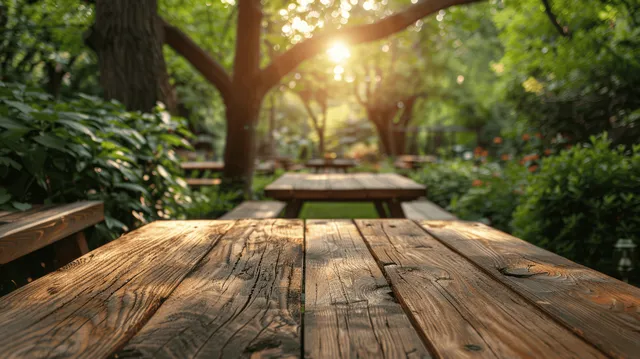 Wooden picnic table in a green park shaded by tall trees with sunlight and dappled light across the surface.