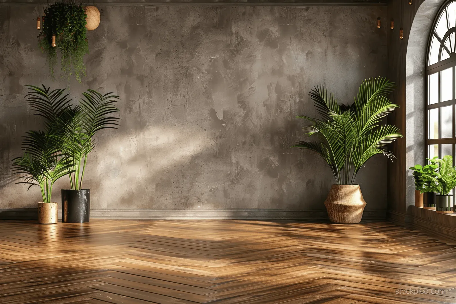Sunlit modern room with herringbone wood flooring, gray textured walls, potted palm plants, and an arched window.