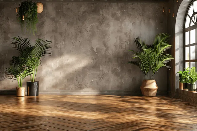 Sunlit modern room with herringbone wood flooring, gray textured walls, potted palm plants, and an arched window.