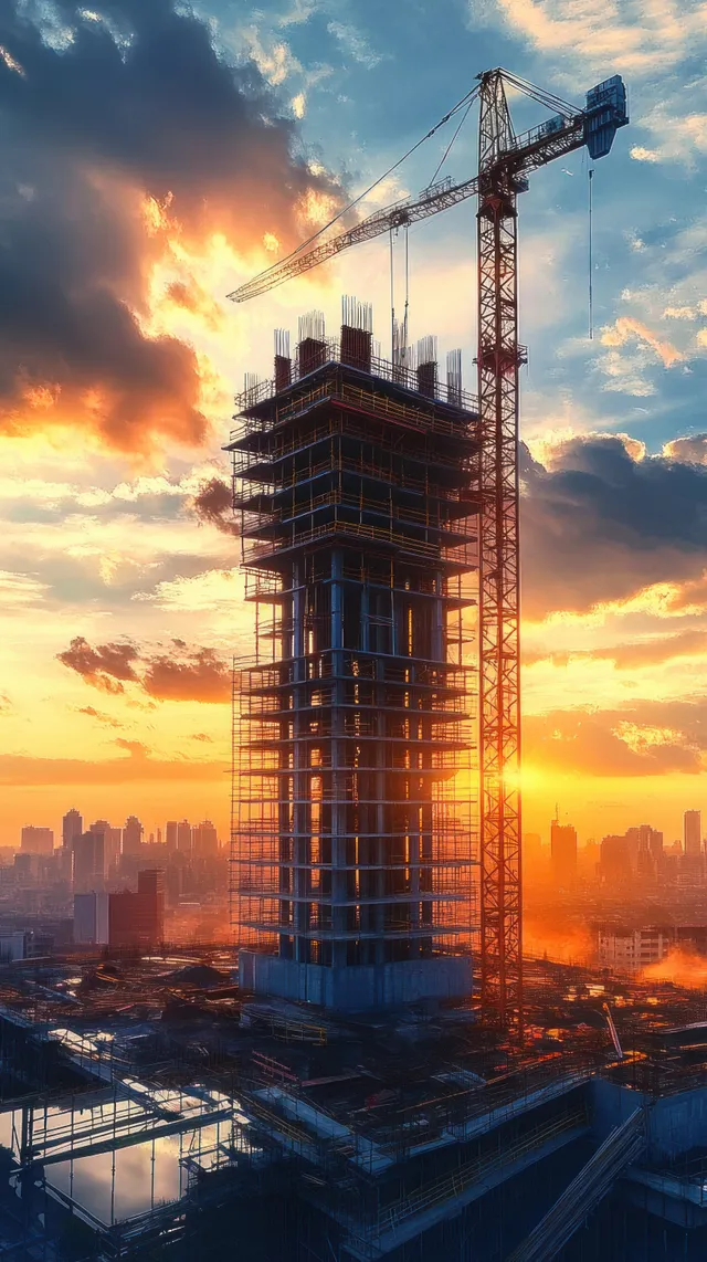 A high-rise under construction with scaffolding and a crane stands against an orange sunset sky with dramatic clouds.