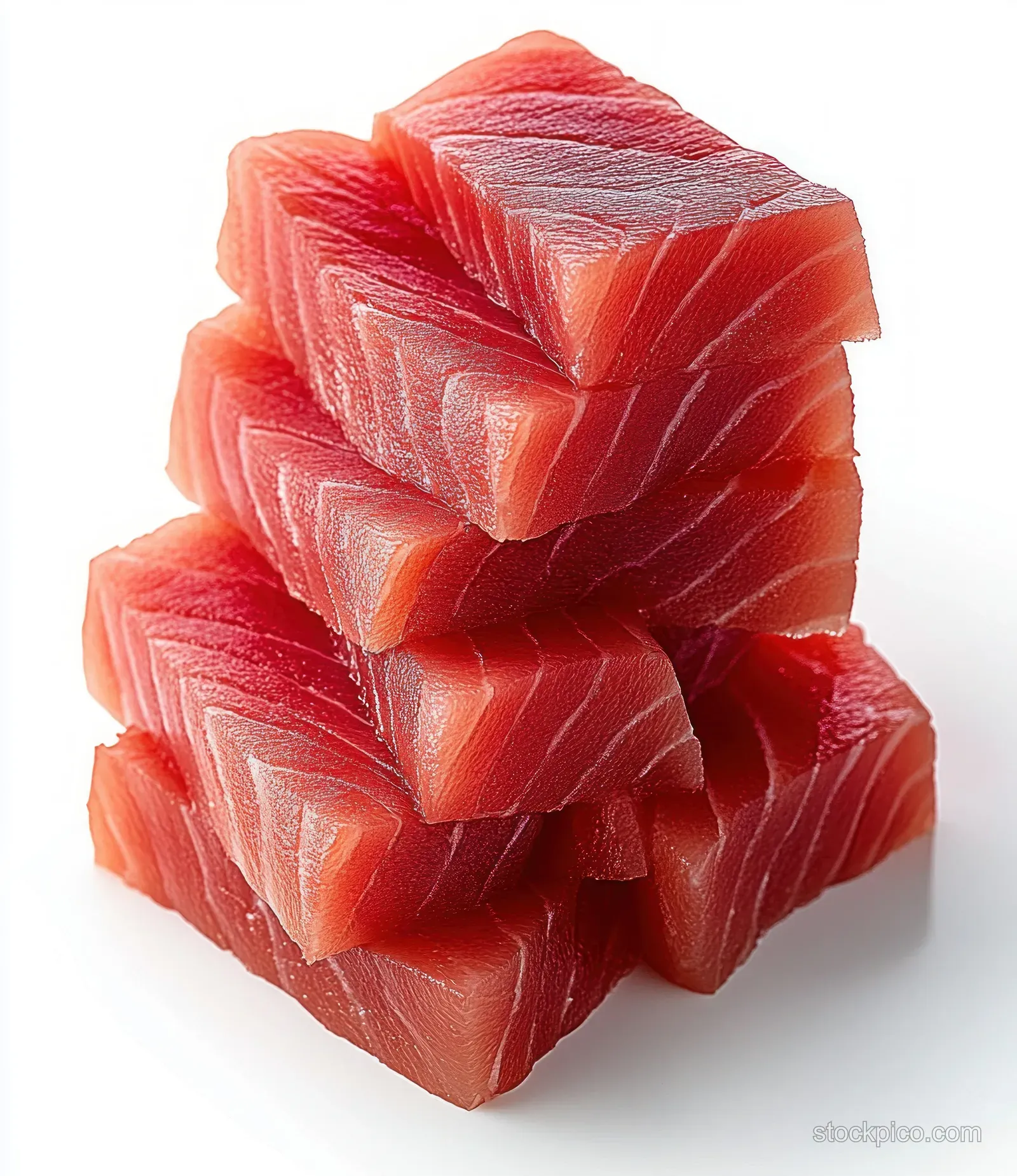 Stack of raw tuna steak slices on a white background with visible red marbling texture.