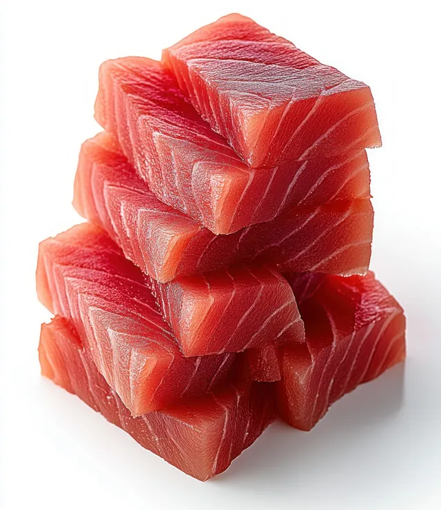 Stack of raw tuna steak slices on white background, showcasing red marbling texture