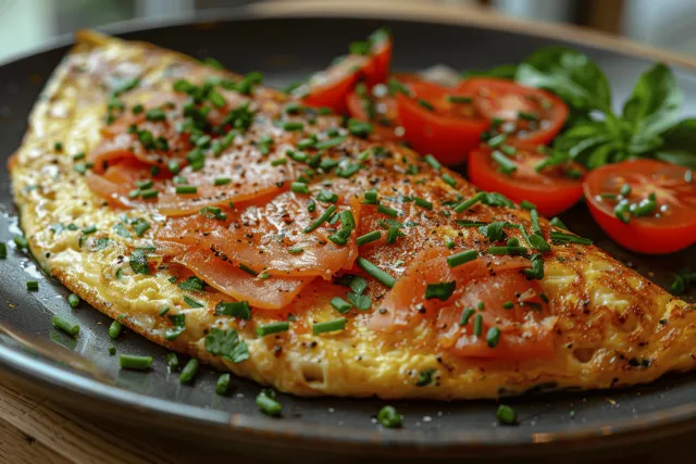 Herb omelette with salmon, ham, tomatoes, and basil on a rustic plate