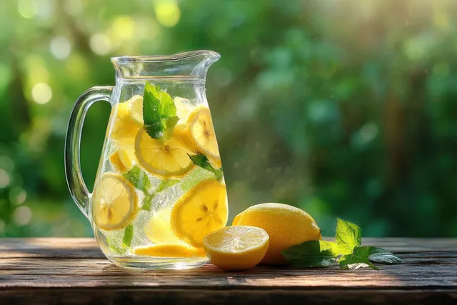 Clear glass pitcher of lemon water with lemon slices and mint leaves on a rustic wooden table.