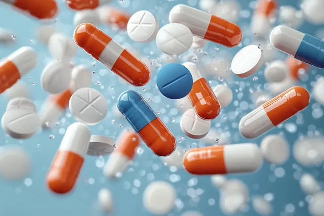 Capsules and round tablets float above blue medical background with subtle cross markings