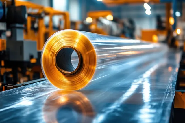 Transparent plastic film rolls from a yellow-core coil on an industrial line with blurred machinery in the background.