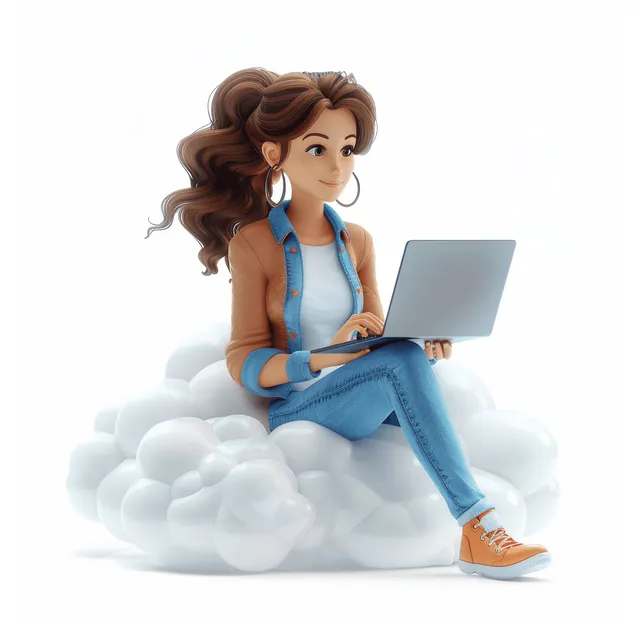 A 3D cartoon woman sits on fluffy clouds using a laptop on a clean white background.