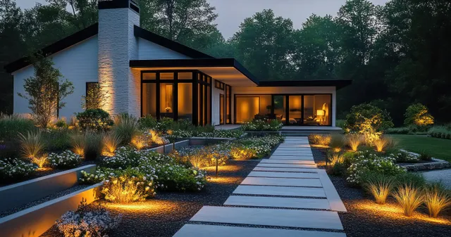 Modern house glowing at dusk with large window light and landscaped garden stone walkway