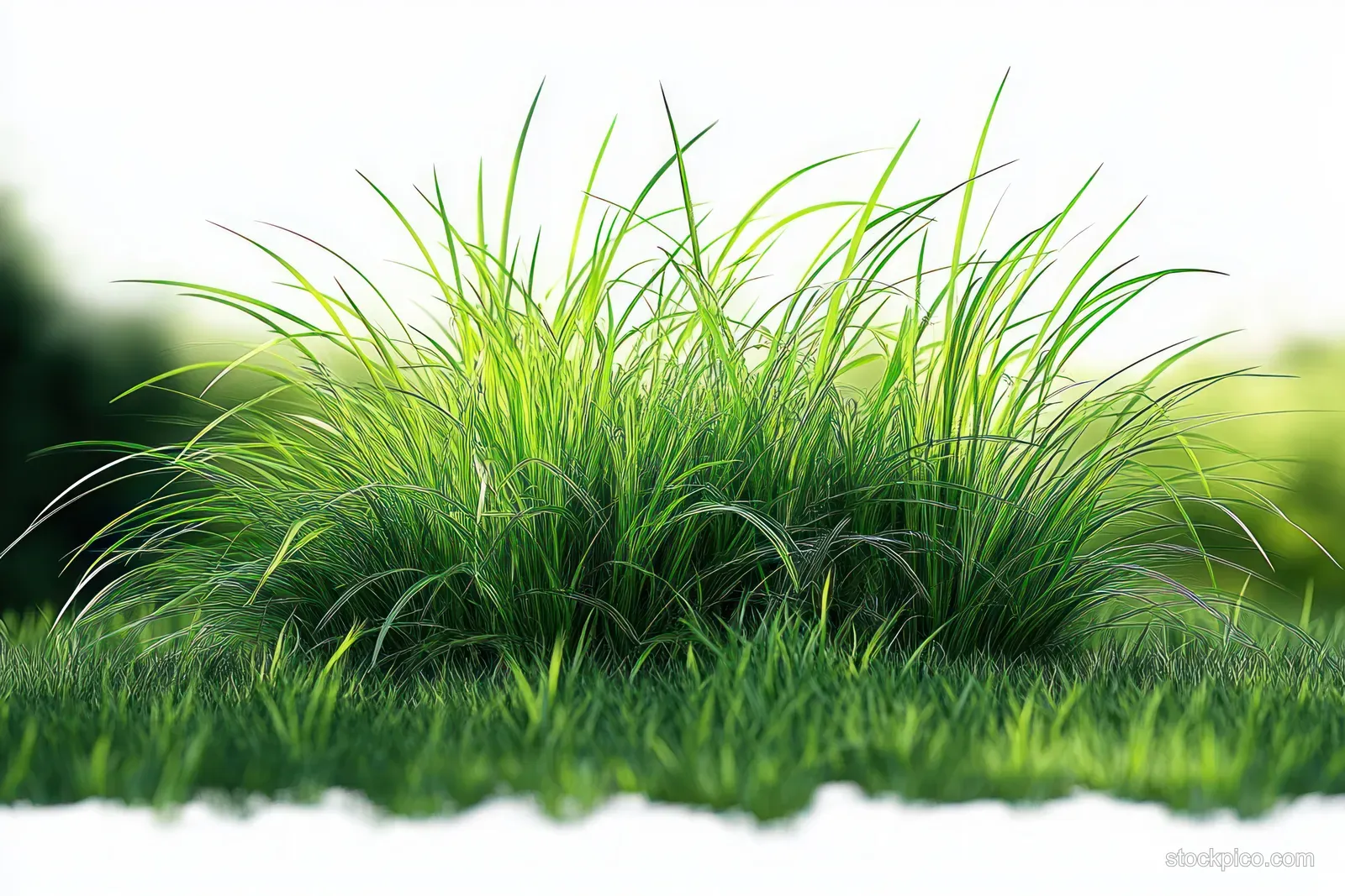 Close-up green grass blades in sharp focus with a softly blurred sunlit meadow background.