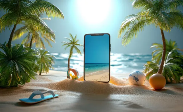 A smartphone on a tropical sandy beach surrounded by palm trees with bright ocean light.