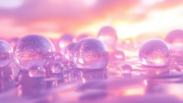 Hyaluronic acid droplets forming cushioning gel spheres on a soft blue-pink background