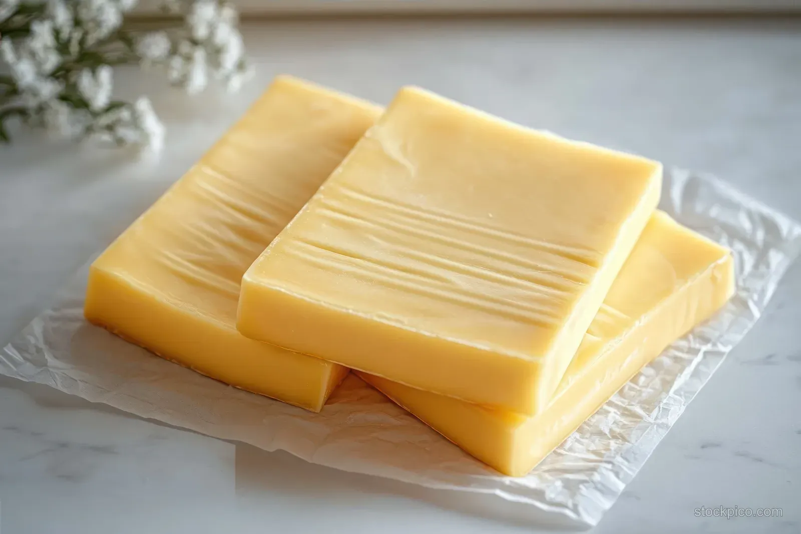 Three rectangular pale yellow cheese slices stacked on white parchment paper on a light surface.