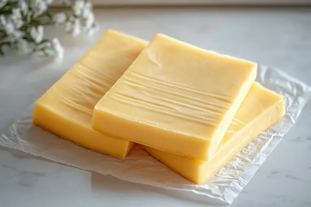 Three rectangular pale yellow cheese slices stacked on white parchment paper on a light surface.