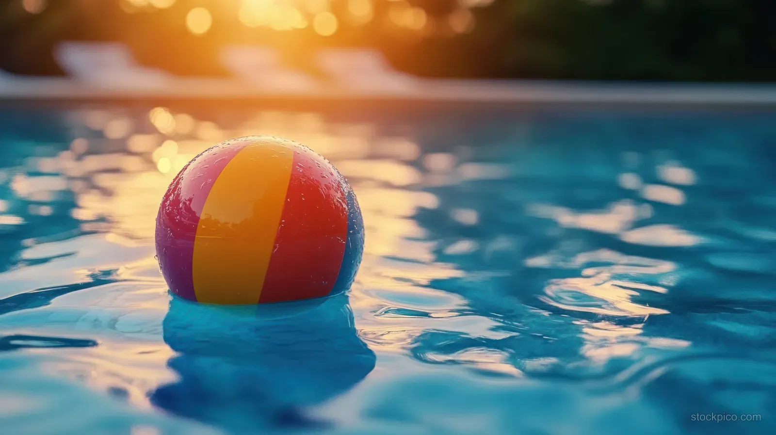 A striped inflatable beach ball floats on sunny blue pool water with ripples and glowing reflections.