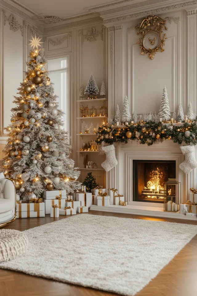 White and gold Christmas tree glows beside a lit fireplace in a decorated, symmetrical living room.