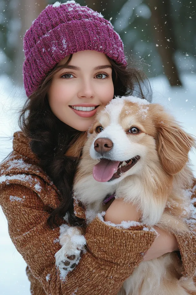 A smiling woman in a purple knit hat hugs a fluffy dog amid falling snow outdoors.