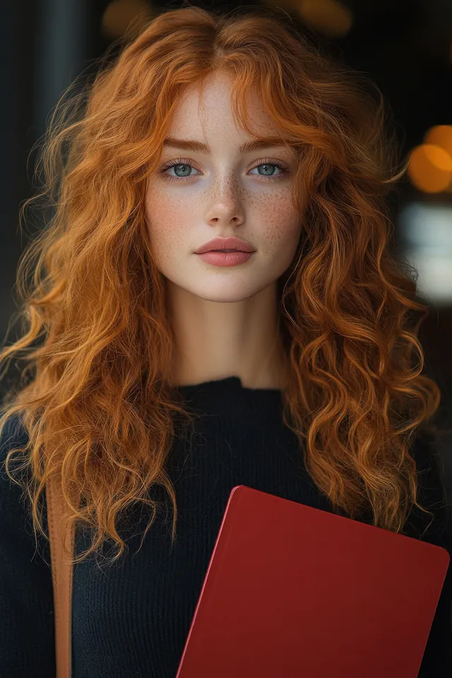 Curly red-haired student holding a red folder outdoors with blurred campus buildings behind her.