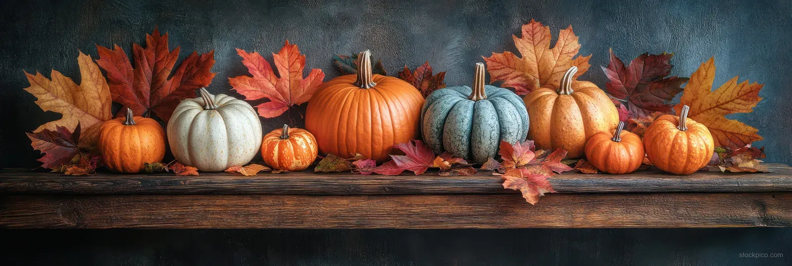Pumpkin and leaf decorations arranged on a rustic wooden table against a dark background.