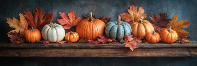 Pumpkin and leaf decorations arranged on a rustic wooden table against a dark background.