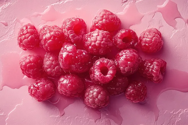 Frambuesas frescas esparcidas sobre un suave fondo rosa en una vista minimalista tipo flat lay.