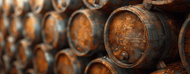 Oak whiskey barrels with metal hoops are stacked in a dim cellar, one barrel showing a copper tap and aged stains.