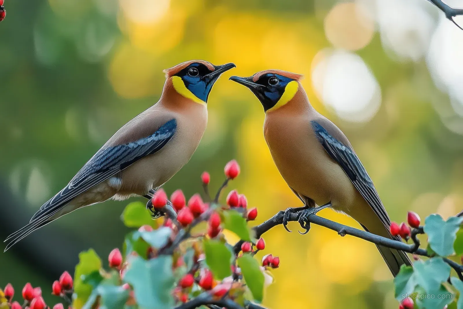 Two colorful birds perch on a branch beside red berries with a blurred green and yellow background.