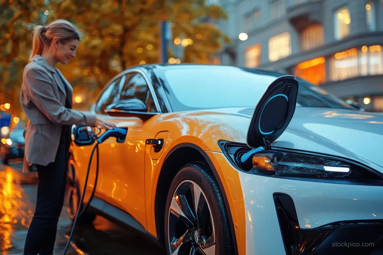 A young woman plugs an electric car charger and checks the charging app on her smartphone by the driveway.