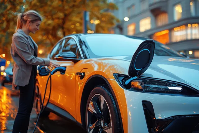 A young woman plugs an electric car charger and checks the charging app on her smartphone by the driveway.