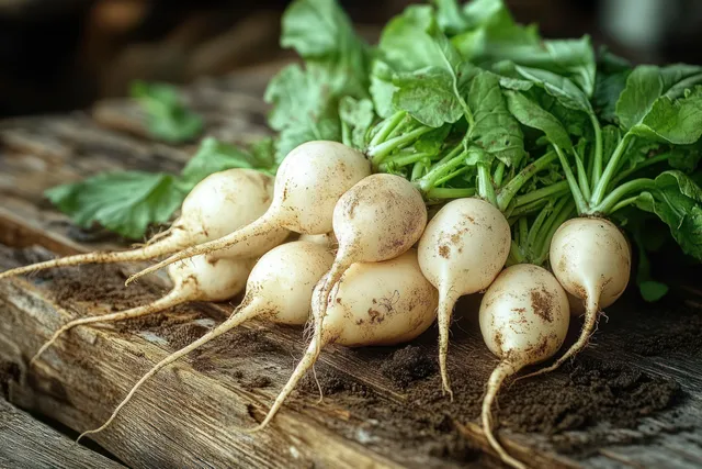 White radishes with green tops are displayed on a rustic wooden board with bits of soil visible.