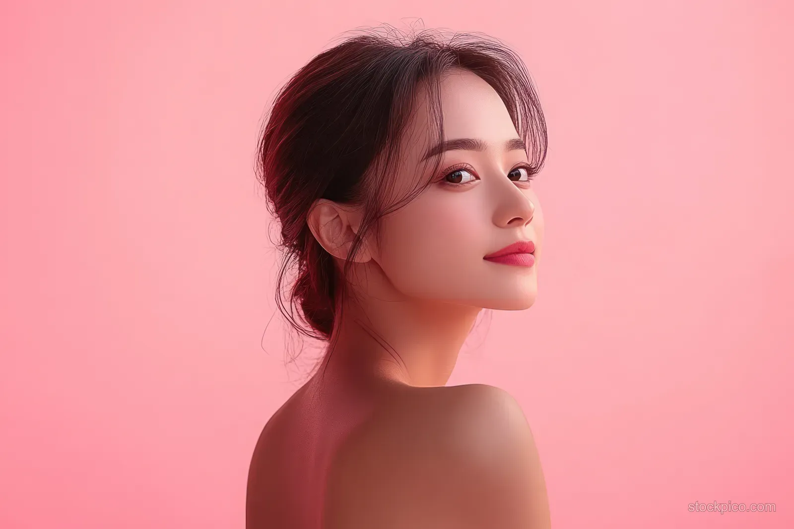 Young Asian woman in a soft side profile pose against a pastel pink background with glowing smooth skin.