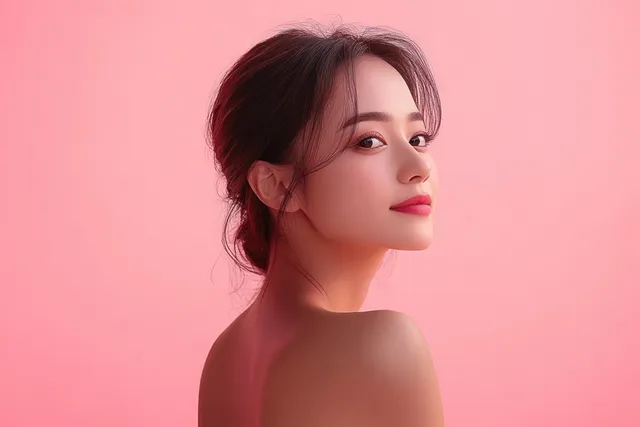 Young Asian woman posing in soft profile against pastel pink backdrop with glowing smooth skin